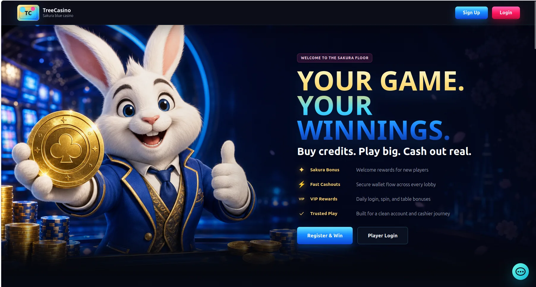 TreeCasino landing page with a casino-themed hero and player signup actions