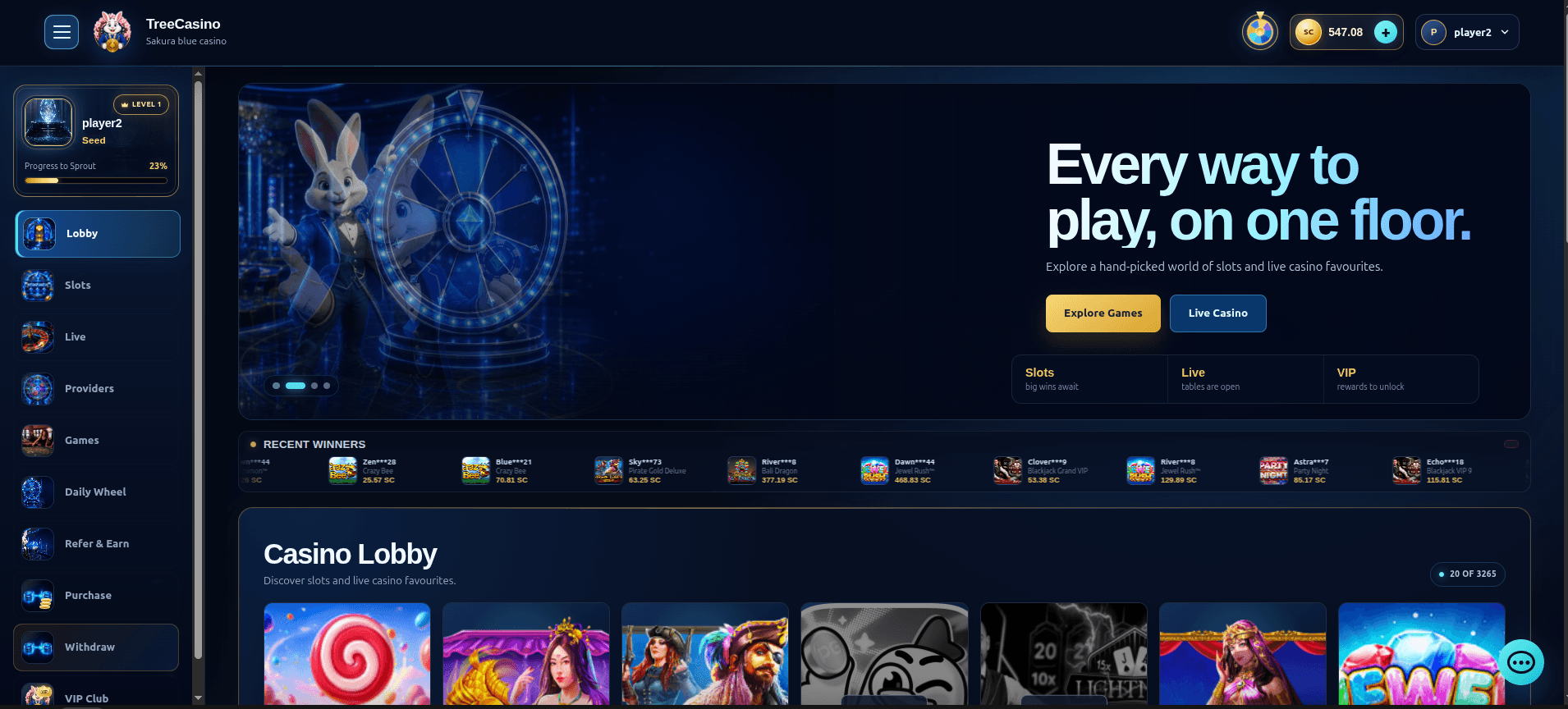 TreeCasino player lobby with navigation, wallet balance, promotional hero, recent activity, and game catalog